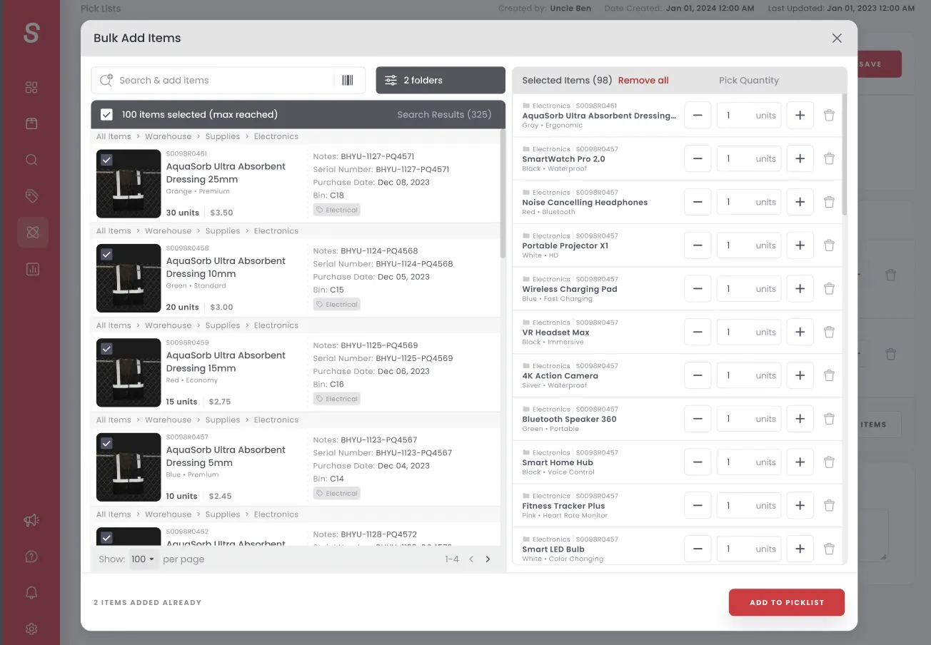 Card view inside bulk add with rich item details