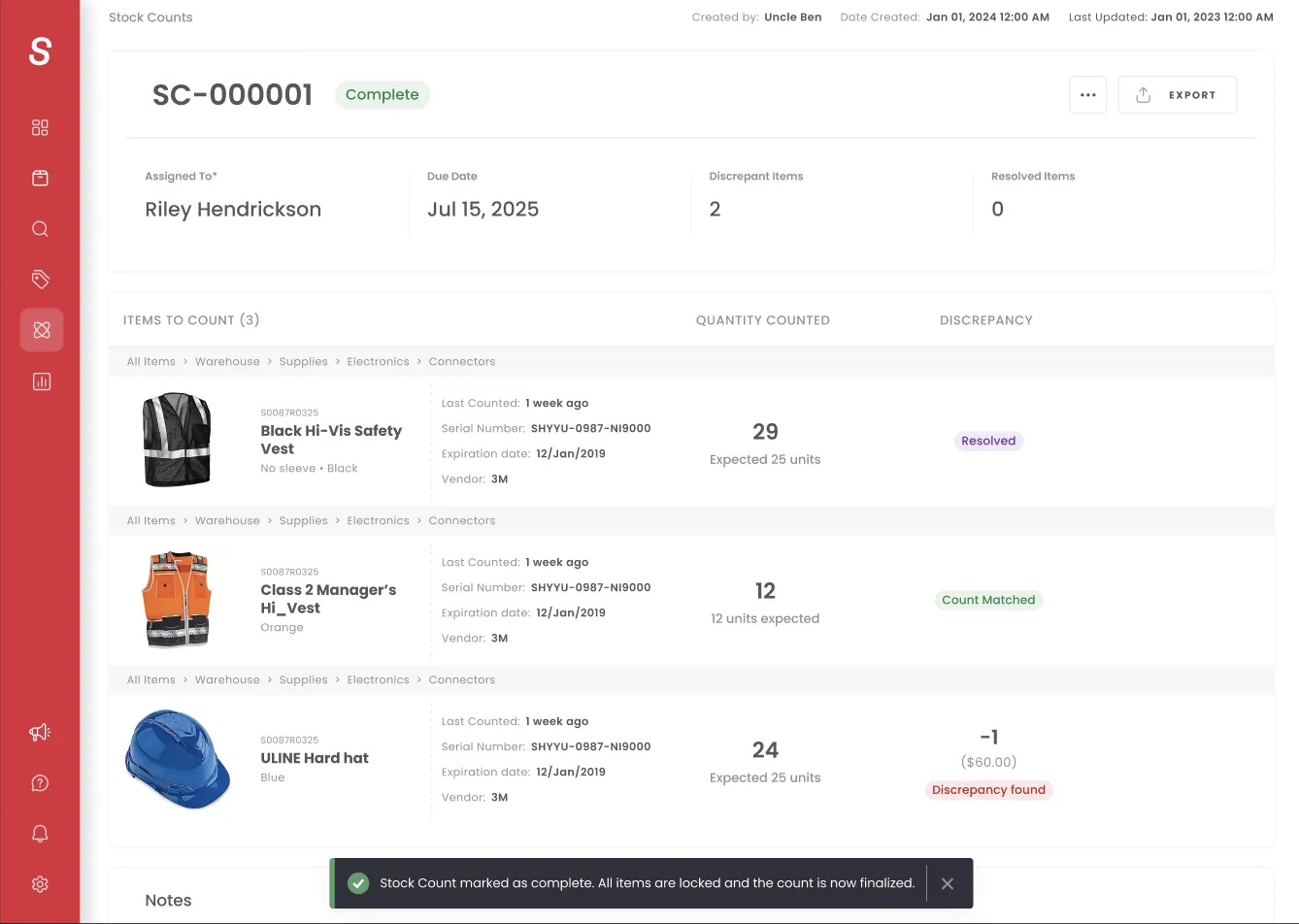 Completed Stock Count with resolved discrepancies