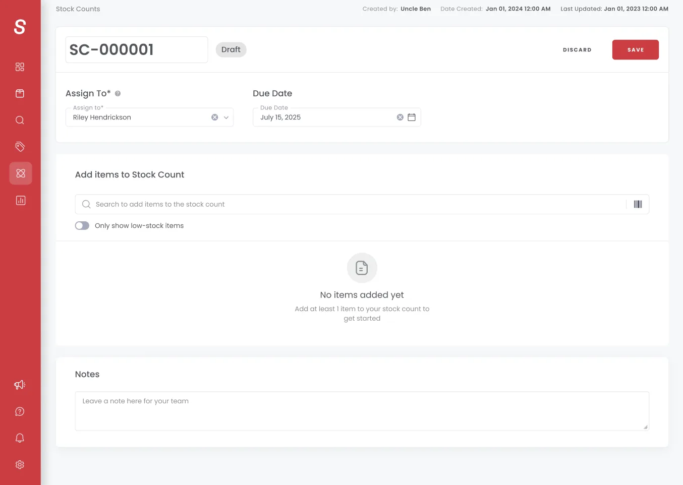Stock Count in Draft status, ready to add items