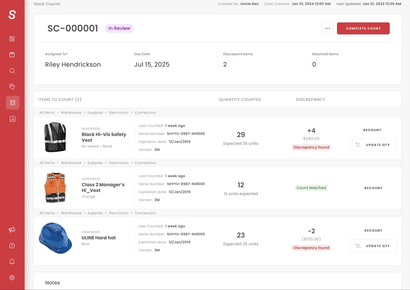 Stock Count review with Recount and Update Qty actions